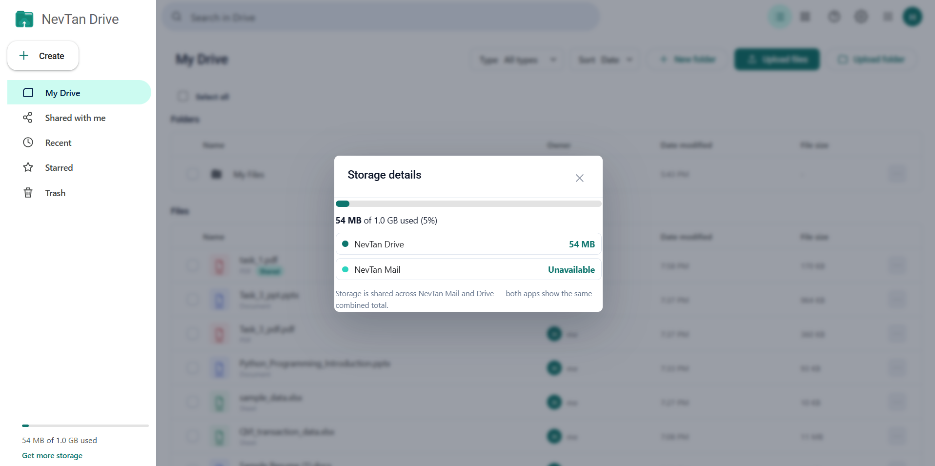 The storage details panel showing the Drive and Mail breakdown